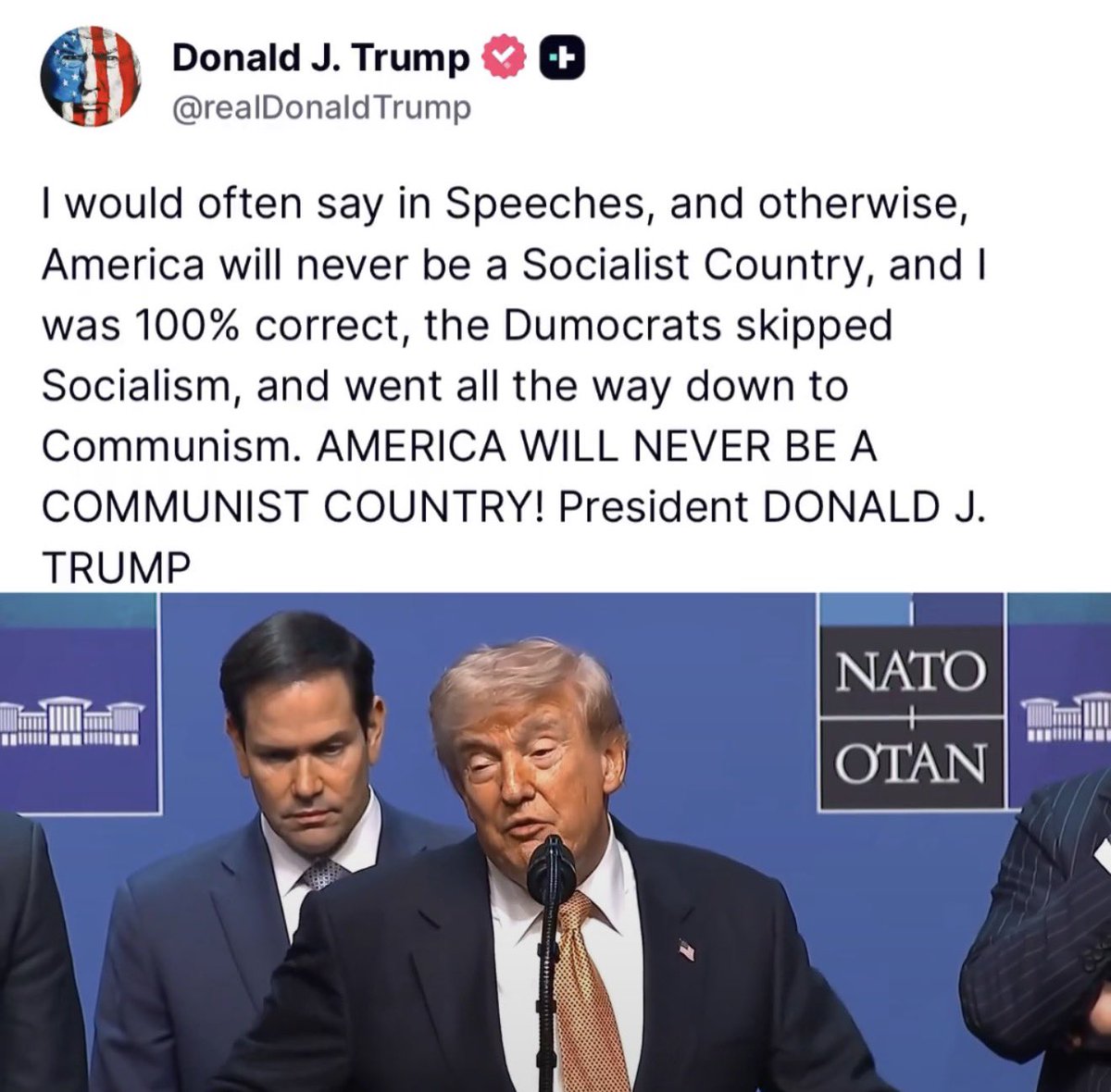 Jhonffonseca's tweet photo. TRUMP DECLARA LA GUERRA TOTAL AL COMUNISMO EN AMÉRICA

¡Basta de medias tintas!

Donald J. Trump acaba de lanzar un mensaje de fuego:  
“Yo lo advertí una y otra vez: América NUNCA será un país socialista. Y tenía razón al 100%. Los demócratas ni siquiera se detuvieron en el socialismo… ¡saltaron directamente al comunismo puro y duro!  
¡AMÉRICA NUNCA SERÁ UN PAÍS COMUNISTA!”

Presidente DONALD J. TRUMP

El socialismo no es “ayuda a los pobres”. Es la antesala del comunismo: destrucción de la libertad, expropiación masiva y control total del Estado sobre tu vida, tu dinero y tus sueños.

Trump lo sabe y lo está enfrentando sin piedad.