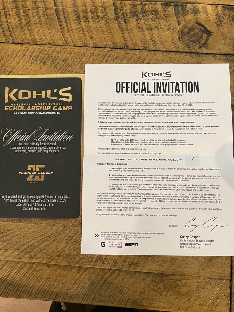 _NoahBankenship's tweet photo. Blessed to announce I have received an invitation to the 2026 Kohl’s National Scholarship Camp in Gatlinburg, TN! Excited for the opportunity to compete against the nation’s best and prove myself. #classof2027 #longsnapper @CoachRenfroe @KohlsSnapping @KohlsKicking #AGTG https://t.co/AgVdqfP68l