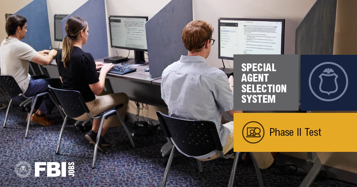 People seated at computer workstations taking a test. FBI Jobs. Special Agent Selection System. Phase II Test.