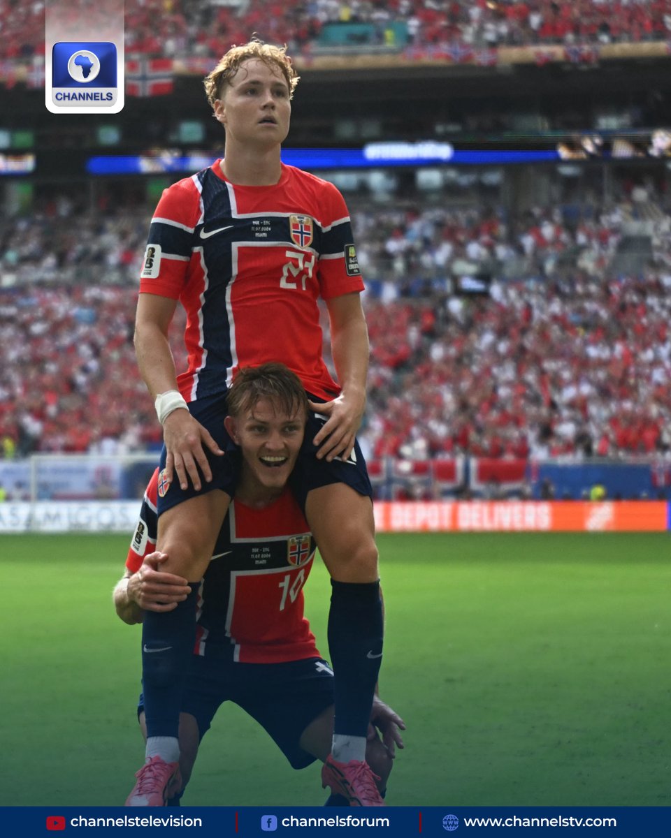 channelstv's tweet photo. #PhotoStory: Norway team and fans celebrate scoring their first goal during the 2026 World Cup football tournament quarter-final match between Norway and England at Miami Stadium in Miami Gardens on July 11, 2026.

(Photo by MAURO PIMENTEL / AFP) https://t.co/C06wBS5Tzu