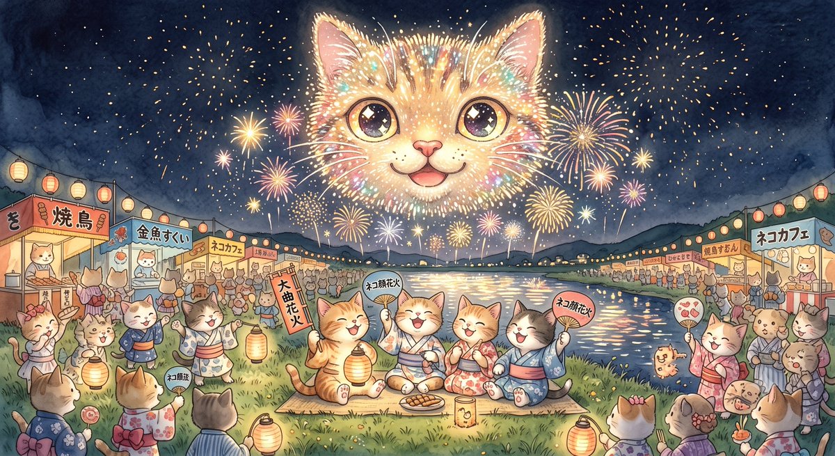 大曲の花火、芸術ニャ #旅するネコ #AIイラスト #秋田