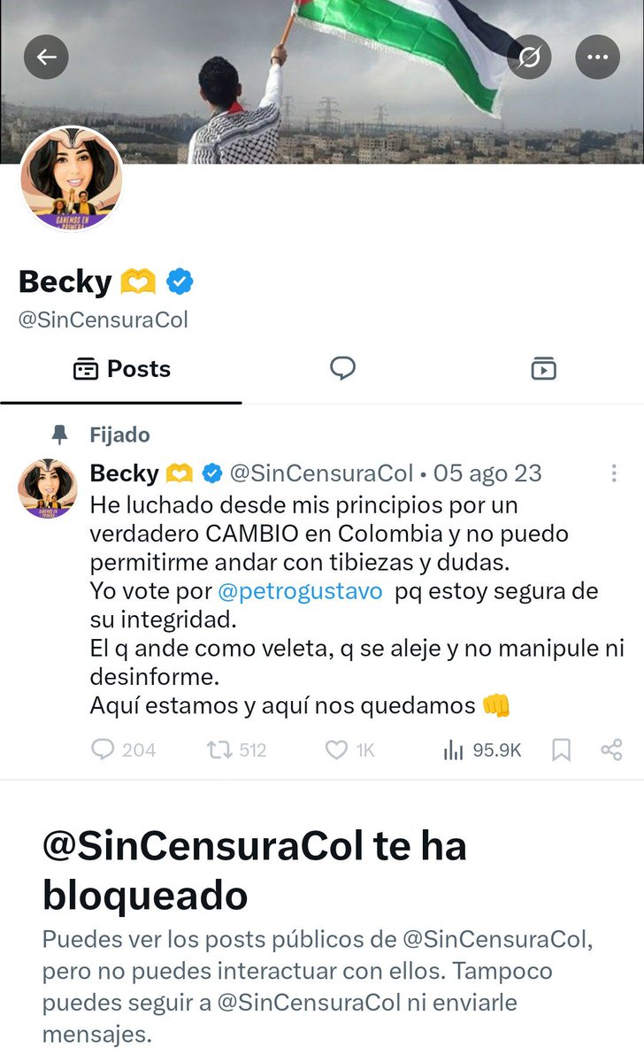 Kaptar's tweet photo. @SinCensuraCol @petrogustavo ¡No, pues, qué sorpresa! ¡La imbécil de Becky me silenció! https://t.co/R7HajfURv5