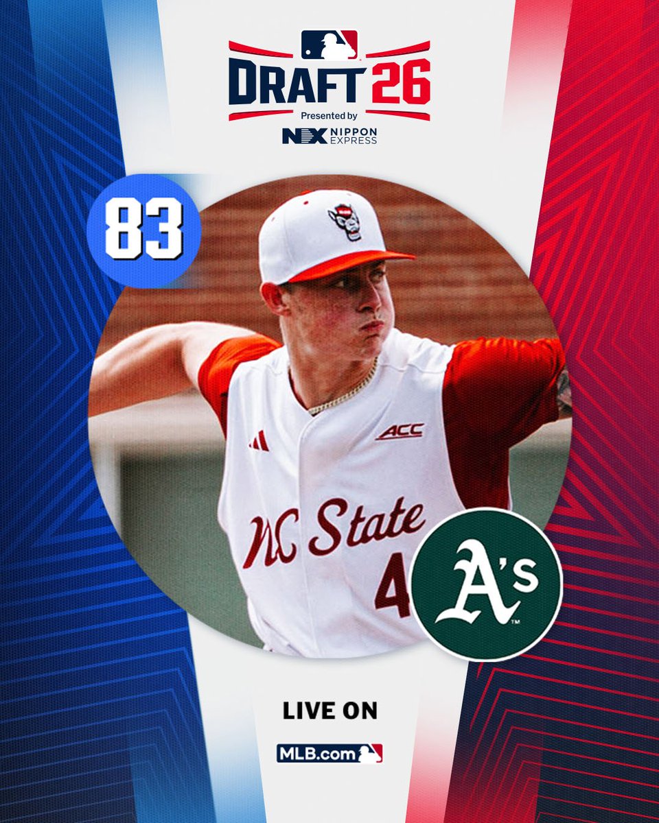 MLBDraft's tweet photo. With their 3rd-round pick (No. 83 overall), the @Athletics select @NCStateBaseball right-handed pitcher Jacob Dudan, No. 78 on the Top 250 Draft prospects list.

Watch live: https://t.co/XWNTXiKgPC https://t.co/JXD5qkEzmW