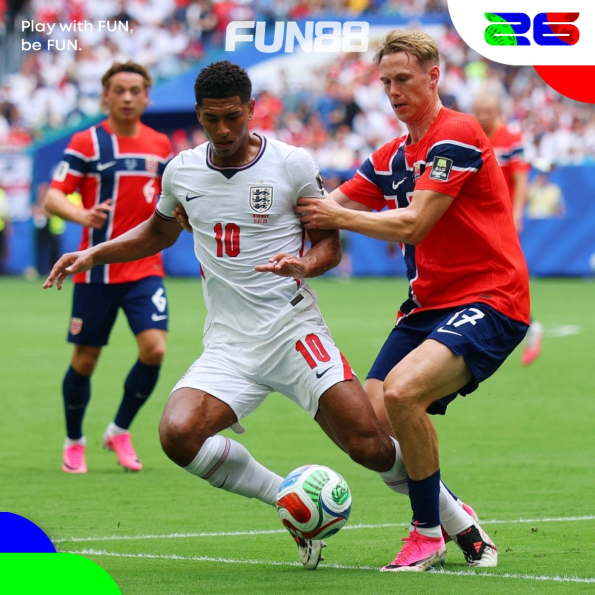 Fun88officialVN's tweet photo. 🇳🇴🏴󠁧󠁢󠁥󠁮󠁧󠁿 HT: NA UY 1 - 1 ANH | BELLINGHAM HÓA ĐẤNG CỨU THẾ!

Na Uy không kiểm soát bóng nhiều nhưng họ luôn biết cách tận dụng cơ hội để chuyển hóa trận đấu. 

Harry Kane xử lý lỗi mất bóng tai hại, Schjelderup chớp cơ hội tung cú sút nhanh đến mức camera còn không theo kịp bóng. Pickford chỉ còn biết đứng nhìn siêu phẩm tung nóc lưới! 😂 

Những tưởng Tam Sư sẽ bước vào giờ nghỉ với kịch bản thảm họa, thì "Cậu bé vàng" Jude Bellingham lại lên tiếng đưa trận đấu trở về thế cân bằng. 

Thế trận đang giằng co cực căng. Anh em nghĩ hiệp 2 Tam Sư sẽ lật kèo hay Haaland sẽ lên tiếng kết liễu người Anh? 

#playwithFUNbeFUN #AndrésIniesta #WorldCup2026 #England #Norway
