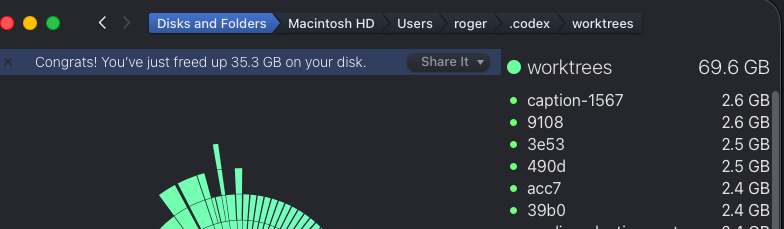 roger_creator's tweet photo. New storage issue for AI first devs. Git worktrees taking up all the space.

#vibecode #AI #chatgpt https://t.co/6E1Ahwjbd7