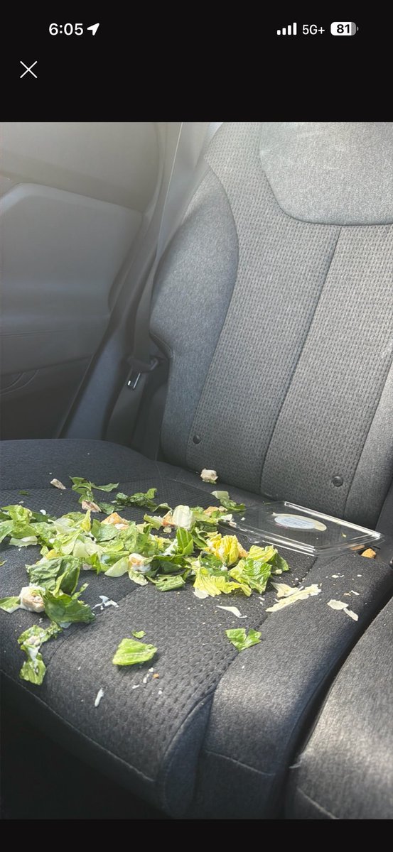 osdryfp_08's tweet photo. A passenger spilled a salad with creamy dressing all over my fabric seat today, and @AskLyft support just closed my case accusing me of making a false claim. Look at the real photos! I demand a human supervisor to review this immediately. Stop ignoring your drivers! @lyft https://t.co/4PyBV3WfYN