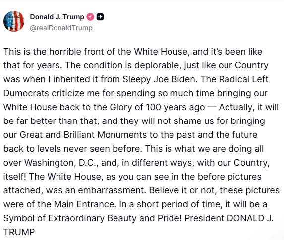 MarioNawfal's tweet photo. 🇺🇸 Trump is BIG MAD and just posted pics of the White House front looking like a total mess:

"The condition is deplorable, just like our Country was when I inherited it from Sleepy Joe Biden."

Source: Truth Social / Writer: Claudio https://t.co/YZL18b0bD3