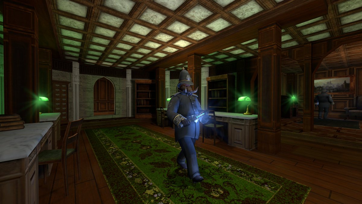 TafferKing451's tweet photo. Several accounting offices are found within the upper floors of the bank, where the financial details of the city's wealthy were tallied. 

Now, Chief Constable Harland's men collect such privy information for leverage.

#gloomwood #screenshotsaturday https://t.co/WMi50XQFv4