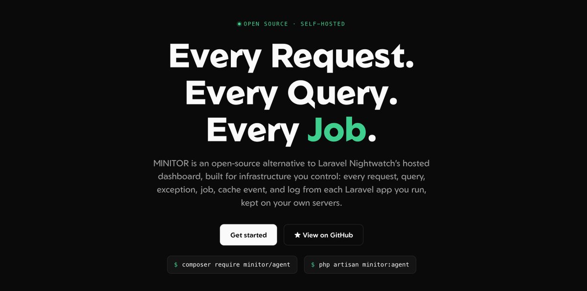 eniola_dev's tweet photo. Introducing MINITOR, a self-hostable Laravel Nightwatch alternative for observing every request, query, and job on your own server.

100% opensource and free to use.

https://t.co/tbsj6w7sjO https://t.co/Jk9GxGZKco