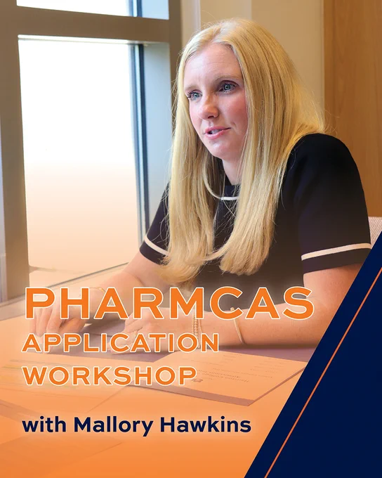 An individual is seated at a table, speaking in a room with natural light coming through a window. Text on the image reads "PharmCAS Application Workshop with Mallory Hawkins."