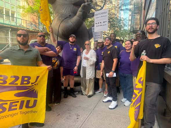 galeabrewer's tweet photo. @galeabrewer Marched with 32BJ SEIU in solidarity with the workers who work at Hudson Hill Condo, 462 West 58 Street. These workers have been fighting to join the union since 2024; they won their NLRB union election in Dec 2024. Management must pay prevailing wages because the building receives a tax abatement but mgmt does not want to. 32BJ attys filed charges against the owners in May 2025 for unfair labor practices, and this 2/day strike is scheduled because mgmt will not follow the law. Jul 2 2026 @32BJSEIU
