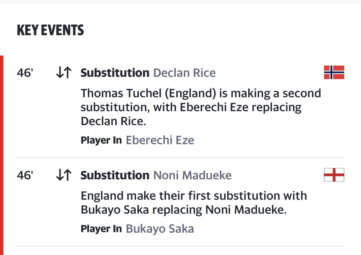 Alex__Monaco's tweet photo. Declan Rice has been subbed out by Thomas Tuchel

Would love to hear from an Arsenal fan about this decision

England 1-1 vs Norway

#England #Norway #WorldCup https://t.co/DAtdzTclKa