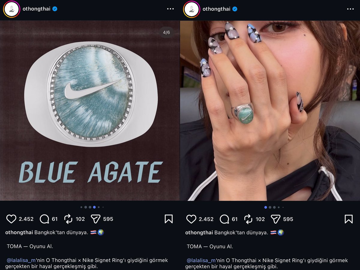lalisamgger's tweet photo. The “why she’s hiding her nose” narrative by antis makes no sense and is dumb asf when the same post has more than 8 photos clearly showing it. She was literally promoting a Nike ring on her feed. Lisa is not the insecure person y’all keep trying to make her out to be https://t.co/l0rItedF6j