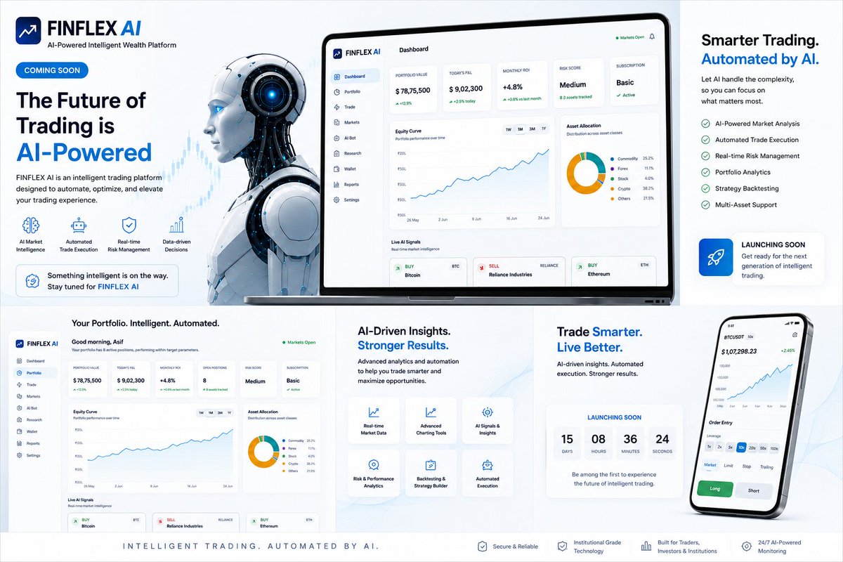 FINFLEXAI's tweet photo. 🚀 The future of investing isn't manual—it's AI.
Introducing FINFLEX AI 
✅ AI-Powered Trading
✅ Real-Time Risk Management
✅ Smart Portfolio Analytics
✅ Institutional-Grade Technology
#FINFLEXAI #AI #FinTech #Startup #Trading #Investing #Crypto #MachineLearning #Innovation #p https://t.co/SxwEHMLuFB