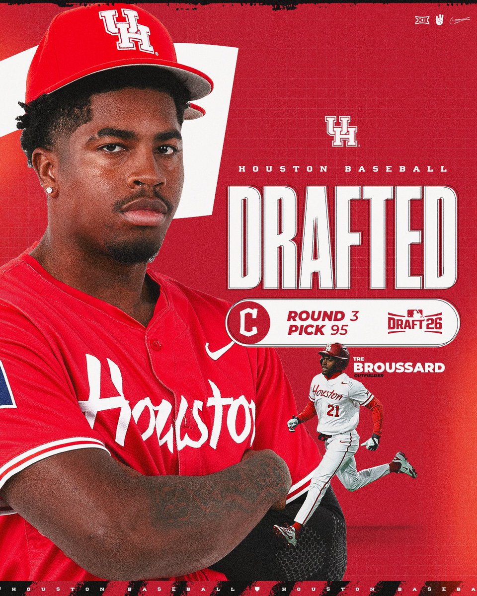 UHCougarBB's tweet photo. HOU ➡️ CLE 

Tre was chosen by Cleveland in the third round with the 95th overall pick of the @MLBDraft!

@BroussardTre x @CleGuardians https://t.co/3PAUKy3mlZ