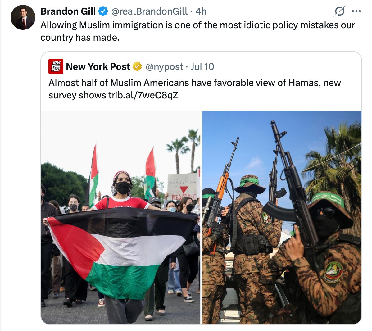 acnewsitics's tweet photo. If you're judging 4 million Muslim Americans by the actions of Hamas, are you willing to judge all Christians by the KKK or Timothy McVeigh?  Muslim Americans serve in the military, work as doctors, police officers, firefighters, and teachers. Pretending they're all the same is intellectually lazy.