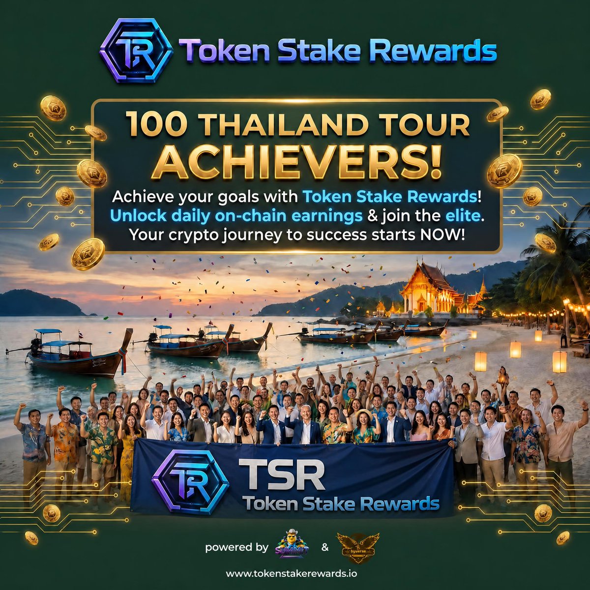 TSRewards's tweet photo. 🚀 Congratulations to the 100 Thailand Tour Achievers! 🌟

Ready to elevate your crypto game? With Token Stake Rewards, unlock daily on-chain earnings, join the elite, and transform your financial future! 💰🔥

Powered by SUMMIT & BGVT — Your journey to success starts NOW! 🚀

Join us: https://t.co/8VSDuG0wdu

#Crypto #OnChainRewards #TokenStake #Summit #BGVT #CryptoJourney #FinancialFreedom #tsr