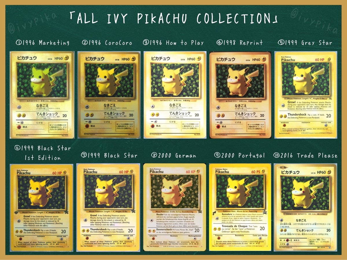 ivypika's tweet photo. 話題の『Ivy Pikachu』まとめ最新版です。

全10種類のIvyピカチュウを発行順にまとめました。保存してご自由にお使いください。

最近の盛り上がりをきっかけに興味を持った方は、ぜひ参考にしてみてください。よきポケカライフを。 https://t.co/3gviW2x6h7