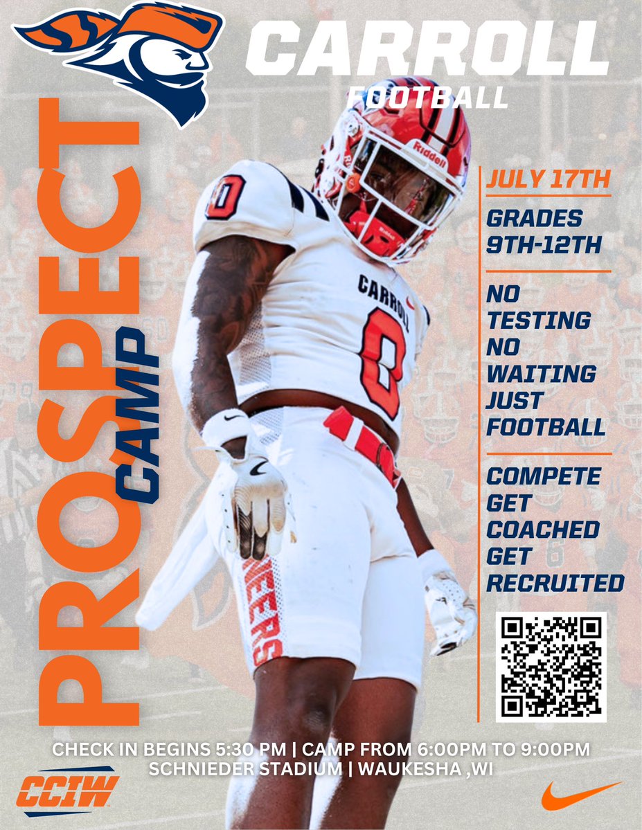 piofootball's tweet photo. Next Week the 17th. Last chance to work with the Carroll staff this summer. Come get evaluated, we've had great talent on campus this summer. Let's end it with a bang!! 

https://t.co/V5z5etrOcv https://t.co/VqBrhd97RD
