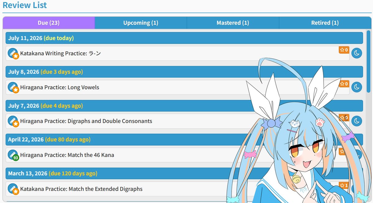 SethC1995's tweet photo. I've been working on some slight improvements to things while writing up exercises and articles recently. One of those things is the "due" tab on reviews now shows how many days ago a review was due and also groups any other exercises due on that day together. https://t.co/plXjlDJL6z
