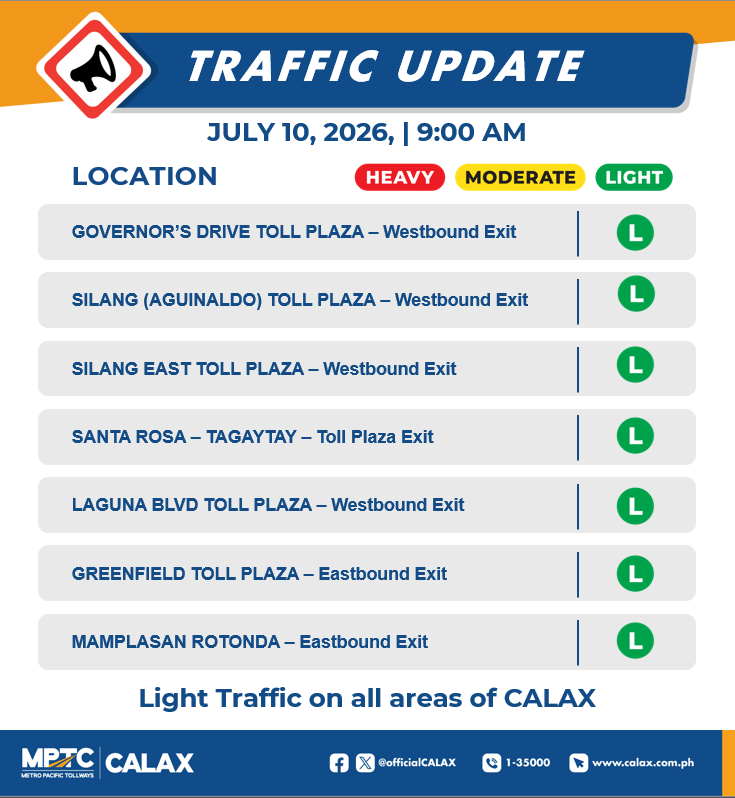 OfficialCALAX's tweet photo. July 10,2026 | 9:00 AM
Incase of Emergencies and Assistance 
Dial 24/7 Hotline 1-35000 
Check your BLOWBAGETS 
Drive safe Ka-Drayberks! https://t.co/zIK2P6ZDi3
