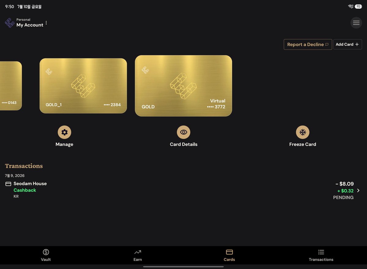 0xGwoni's tweet photo. [@ether_fi , @MikeSilagadze]
원래 $1M을 예치해야 받을 수 있었던
Gold VIP를 
좋은 기회가 생겨 $200K 예치로 얻었네요.

예치 조건이 있는 대신 연회비, 카드 발급 비용이 없고,
월 $50K까지 Cashback 4%
Fx Fee 0%고,
실제 테스트 결제 해보니 
Hidden Fee 없이 정직하게 결제 됐네요.

실물 카드도 2개 까지 발급 되서,
가족하고 하나씩 쓰기 좋을거 같고
고액 결제 할 일이 예정 되 있어서
월 캐시백 한도도 높으니 이걸로 결제 할 예정입니다. 🫡

https://t.co/9s81XvI7BC
같이 $200K로 VIP 원하시는분 계시면,
가입 후 DM 한번 주세요 :)
연결해드리겠습니다. 🫡