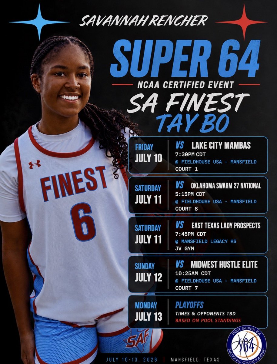 savannahrencher's tweet photo. 🔥Super 64 (Live Period)
🏀2027 SA Finest Tay Bo
📅 July 10-13
📍Mansfield, TX
🔒Ready to Win

@SAFinestbball 
@LadyVmhs 
@PrepHoopsTX 
@girlzprepreport 
#Super64 https://t.co/RVZAffLmdB