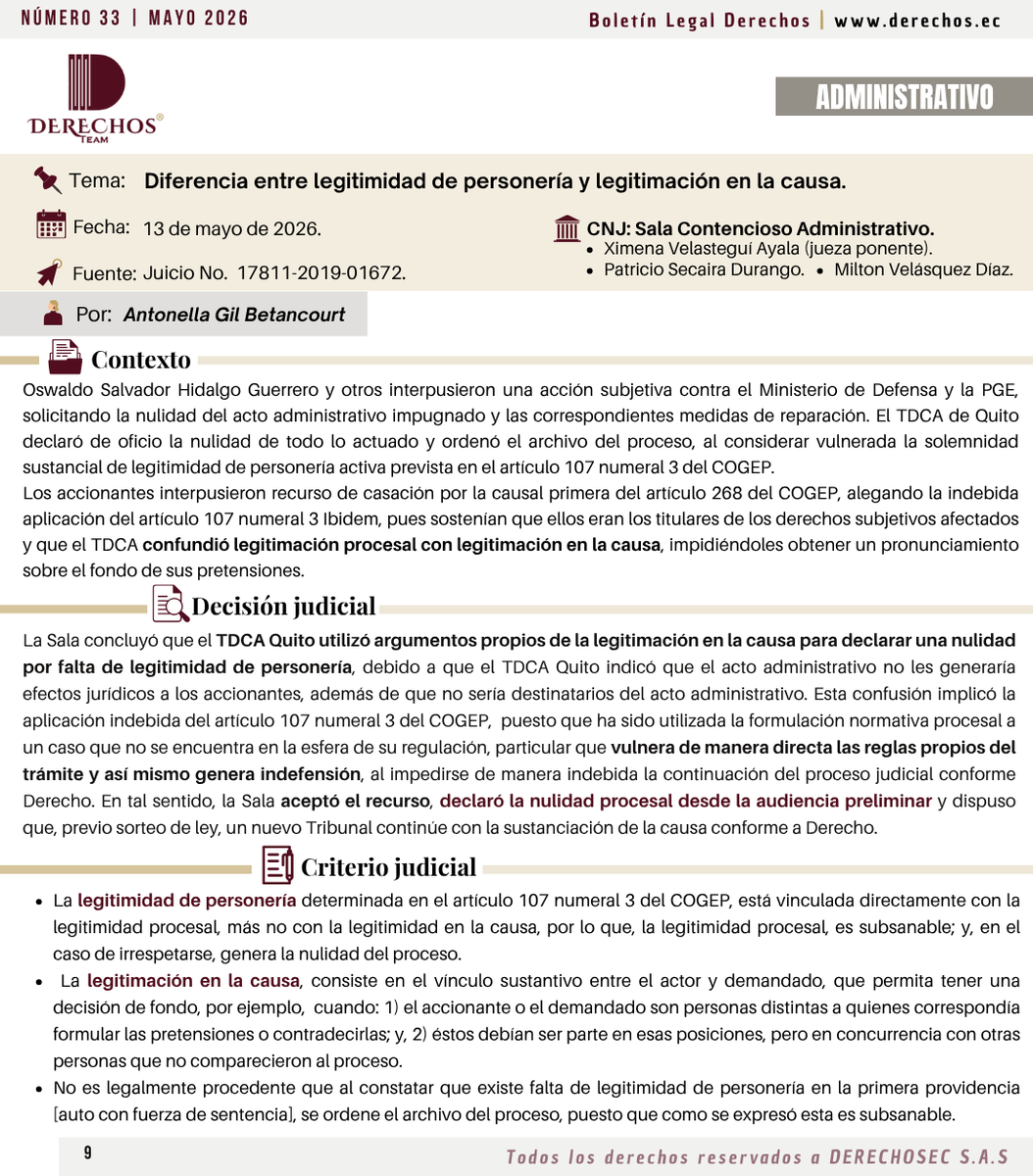 antonellasgb's tweet photo. ⚖️ #DerechoAdministrativo

🧐 ¿Cuál es la diferencia entre legitimidad de personería y legitimación en la causa?

⬇️ Aquí lo que ha indicado la #SalaAdministrativaCNJ. 

🗞️ Para acceder a novedades así➡️ Suscripción gratuita al #BoletínLegalDerechos de @derechos_ec: https://t.co/MbER8UMZV3