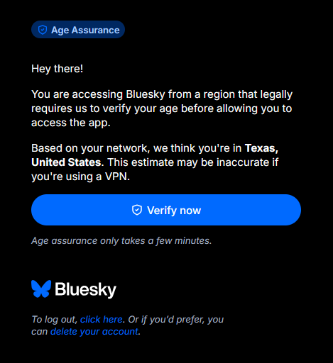 GaijinGoombah's tweet photo. I guess Blusky is dead to me now.  Thanks Texas.  You should learn to parent better instead of forcing me to upload sensitive info to a hackable databank. https://t.co/itTqPUTHpM