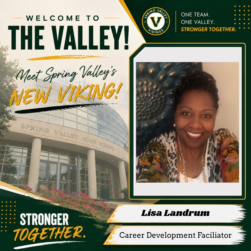 SV_Vikings's tweet photo. Welcome to The Valley, Lisa Landrum! 💚💛

Excellence at Spring Valley continues to grow! We are excited to welcome Lisa Landrum, our new Career Development Facilitator, to the Viking family.

One Team. One Valley. Stronger Together.

#SVHS #NewViking #StrongerTogether https://t.co/kVgNTmAiNn
