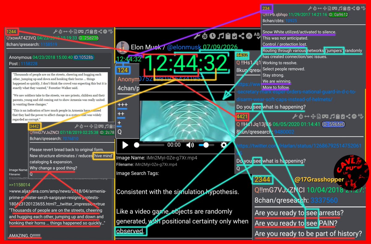17Grasshopper's tweet photo. ‼️ELON GOES QUANTUM‼️
✨️ Wave Particle Duality ✨️
Positional Certainty ONLY when👀OBSERVED👀
At 12:44:32

Q4421 [12:44]:32
Do you👀SEE👀what is happening

Q2344 12:[44:32]
Do you👀SEE👀what is happening

Q2344 12:[44:32]
Are you READY to👀SEE👀ARRESTS‼️
Are you READY to👀SEE👀PAIN‼️
Are you READY to BE PART OF HISTORY

Q1244 [12:44]:32
"Thousands of people are on the streets, cheering and hugging each other, jumping up and down and honking their horns … things happened so quickly…"

Q3442 1[2:44:3]2
✨️HIVE MIND✨️

Q124 [12:4]4:32
+++
++
+

Q234 12:4[4:32]
Snow White utilized/activated to silence.
Routing through various networks ('jumpers') 
‼️Select people removed‼️
‼️We are winning‼️