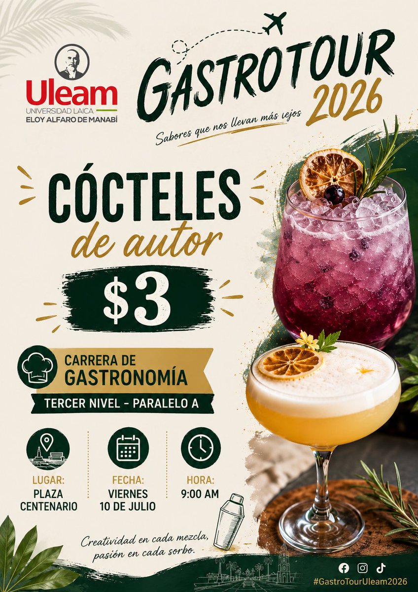 maubecerraok's tweet photo. Les comparto los dos stand de mis estudiantes de las carreras de Gastronomía, Hospitalidad y Hotelería cócteleria clásica y de autor.
Los esperamos el día de mañana en la Feria de Gastrotour de la Uleam 📈💯🔥👏🎯🍹.
@UleamEcuador
#academia #emprendimientos #uleam #manta #turismo https://t.co/rIibcHxeak