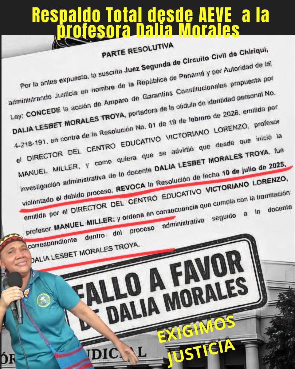 aeve_panama's tweet photo. Nuestro respaldo total desde AEVE a la profesora y dirigente magisterial Dalia Morales, JUSTICIA🇵🇦. Exigimos que se respeten los derechos. https://t.co/5IzPGhmtq9
