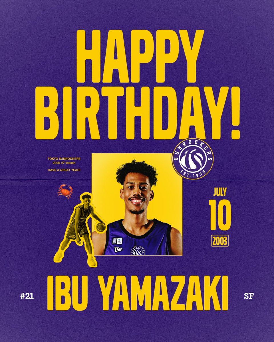 TokyoSunrockers's tweet photo. 🎂 HAPPY BIRTHDAY 🎂 

「 山﨑一渉  」  

本日7月10日は、山﨑一渉選手の誕生日です🎉👏

みなさんからのバースデーメッセージもぜひ届けてください🔥🦀

#サンロッカーズ渋谷 #Bリーグ
@ibuyama54 https://t.co/qYWpw6zmBR
