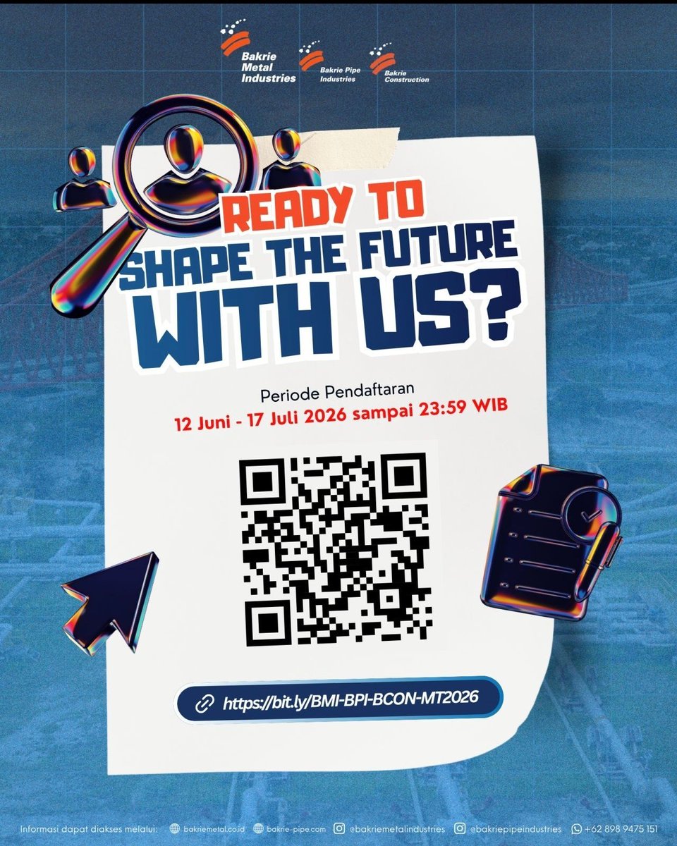 txtklsmenengah's tweet photo. Rekrutmen MT Bakrie Metal Industries Group 🚨
Deadline 17 Juli 2026 📆
Ayo persiapkan lamaranmu dengan baik ✨

Perusahaan yang Membuka Lowongan
- Bakrie Metal Industries
- Bakrie Pipe Industries
- Bakrie Construction

Kualifikasi
- Usia maks 28 tahun pada tanggal penutupan pendaftaran
- Minimal pendidikan S1/D4
- IPK minimal 3,00
- Skor TOEFL minimal 500
- Aktif dalam organisasi atau memiliki pengalaman magang yang relevan (menjadi nilai tambah)
- Memiliki perilaku pribadi dan kemampuan kerjasama yang baik

Persyaratan Jurusan
Bakrie Pipe Industries:
Teknik Sipil, Teknik Mesin, Teknik Elektro, Instrumentasi, Elektronika Industri, Teknik Perawatan Mesin, Teknik Industri, Teknik Metalurgi, Teknik Material, Teknik Manufaktur, Teknik Pengelasan, Teknik Lingkungan, K3, Manajemen, Ekonomi, Hukum, dan jurusan terkait lainnya.

Bakrie Metal Industries:
Teknik Kimia, Teknik Mesin, Teknik Elektro (Arus Kuat & Arus Lemah), Teknik Fisika, Teknik Sipil.

Bakrie Construction:
Teknik Metalurgi, Teknik Industri, Teknik Mesin, Teknik Instrumen, Teknik Sipil, Teknik Kimia, Teknik Perkapalan, Manajemen Bisnis, Manajemen Logistik.

Link Pendaftaran: https://t.co/BGklYIBvjS
Batas akhir pendaftaran: 17 Juli 2026