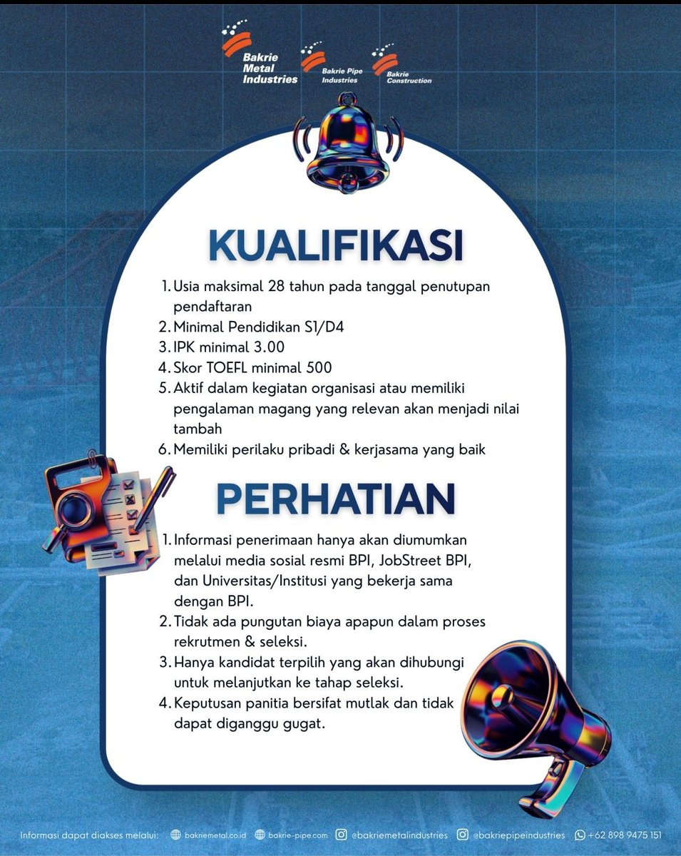 txtklsmenengah's tweet photo. Rekrutmen MT Bakrie Metal Industries Group 🚨
Deadline 17 Juli 2026 📆
Ayo persiapkan lamaranmu dengan baik ✨

Perusahaan yang Membuka Lowongan
- Bakrie Metal Industries
- Bakrie Pipe Industries
- Bakrie Construction

Kualifikasi
- Usia maks 28 tahun pada tanggal penutupan pendaftaran
- Minimal pendidikan S1/D4
- IPK minimal 3,00
- Skor TOEFL minimal 500
- Aktif dalam organisasi atau memiliki pengalaman magang yang relevan (menjadi nilai tambah)
- Memiliki perilaku pribadi dan kemampuan kerjasama yang baik

Persyaratan Jurusan
Bakrie Pipe Industries:
Teknik Sipil, Teknik Mesin, Teknik Elektro, Instrumentasi, Elektronika Industri, Teknik Perawatan Mesin, Teknik Industri, Teknik Metalurgi, Teknik Material, Teknik Manufaktur, Teknik Pengelasan, Teknik Lingkungan, K3, Manajemen, Ekonomi, Hukum, dan jurusan terkait lainnya.

Bakrie Metal Industries:
Teknik Kimia, Teknik Mesin, Teknik Elektro (Arus Kuat & Arus Lemah), Teknik Fisika, Teknik Sipil.

Bakrie Construction:
Teknik Metalurgi, Teknik Industri, Teknik Mesin, Teknik Instrumen, Teknik Sipil, Teknik Kimia, Teknik Perkapalan, Manajemen Bisnis, Manajemen Logistik.

Link Pendaftaran: https://t.co/BGklYIBvjS
Batas akhir pendaftaran: 17 Juli 2026