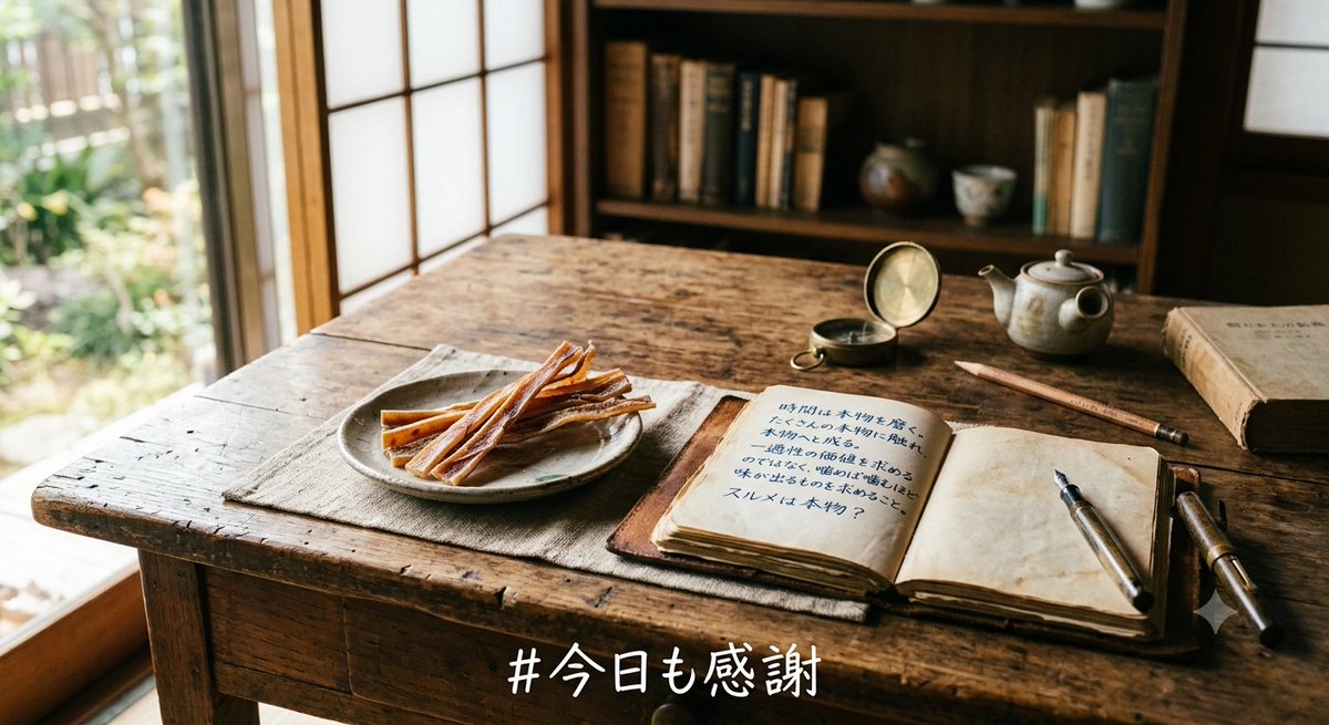 MultiReflection's tweet photo. 本物と紛い物では、時間が経つほど本物の方が価値がでる。

時間が経つほど価値が出るものは本物なのだろう。
たくさんの本物にたくさん触れることが本物の人物になる方法らしい。
つまり、一過性の価値を求めるのではなく、噛めば噛むほど味が出るものを求めること。

スルメは本物？
#今日も感謝 https://t.co/duSGlTvWXD
