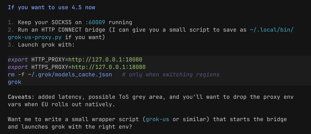 johnkapolos's tweet photo. Are you too a bus-class AI citizen (i.e. in EU, like me)? You can just provide Grok Build with a SOCKS proxy and it will setup itself to actually use Grok 4.5 now - without waiting for the EU release. https://t.co/959ZyvYSsJ