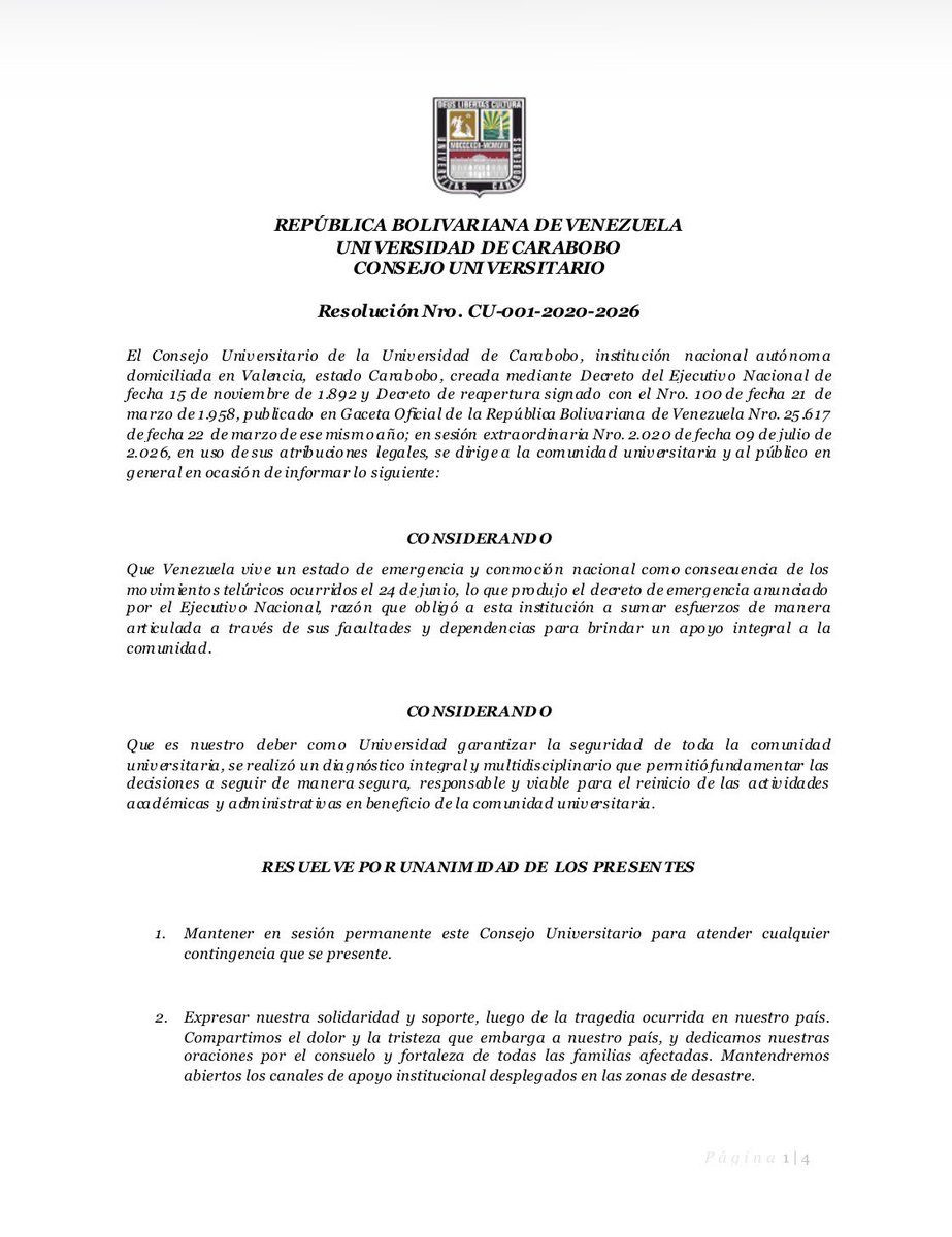UCarabobo's tweet photo. #Resolución del Consejo Universitario de la @UCarabobo aprobada este jueves #9Jul. https://t.co/LaRYblxKdp