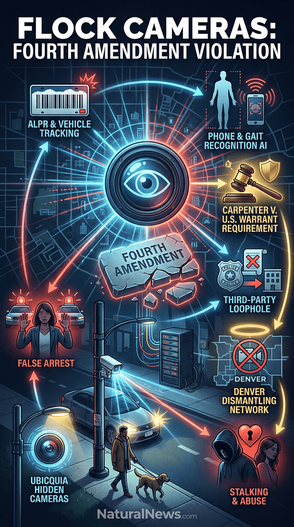 HealthRanger's tweet photo. My latest infographic depicts the total Fourth Amendment violation posed by Flock cameras. Share and join the resistance! https://t.co/k5mZ0XpCVy