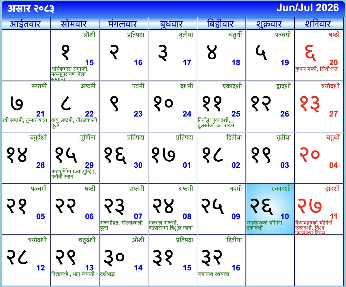 CalendarNepali's tweet photo. आज २०८३ साल असार २६ गते शुक्रबार, स्मार्तहरूको योगिनी एकादशी, July 10, 2026। साथीहरुको आजको दिन शुभ रहोस । #nepalicalendar #nepalipatro #Ashad #NepaliCalendar2083 Ramro Patro 2083 डाउनलोड गर्नुहोस्: https://t.co/dU1nYb72i6 - https://t.co/tYmz8qkuIx https://t.co/TQDJ6aWka8