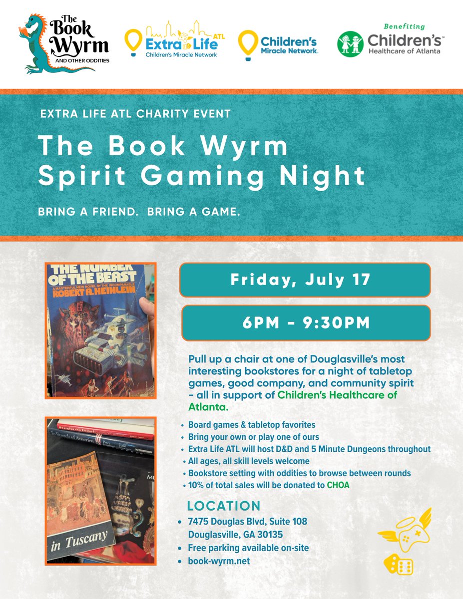 ExtraLifeAtl's tweet photo. Next week is stacked. ๐ฒ๐๐ฎ
๐๏ธ July 16 = Trivia Night at Mutation Brewing
๐๏ธ July 17 = Book Wyrm Spirit Gaming Night
๐๏ธ July 18 = LegionCon Tabling
Three events, one mission - raising funds and awareness for the kids at CHOA
#ExtraLifeATL #ForTheKids #CHOA #CMN #GamersGiveBack https://t.co/TQOLZ9ukh9