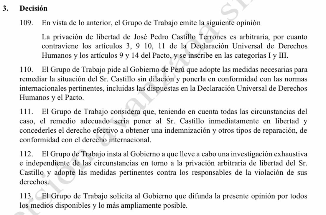 martinluma's tweet photo. Informe del Grupo de Trabajo  de la ONU concluye que la detención del expresidente de Pedro Castillo fue arbitraria pues no se respetó el fuero y la prerrogativa de antejuicio. Asimismo solicitó al Estado Peruano ordenar su inmediata liberación y advirtió que Castillo puede reclamar una indemnización por la detención arbitraria.