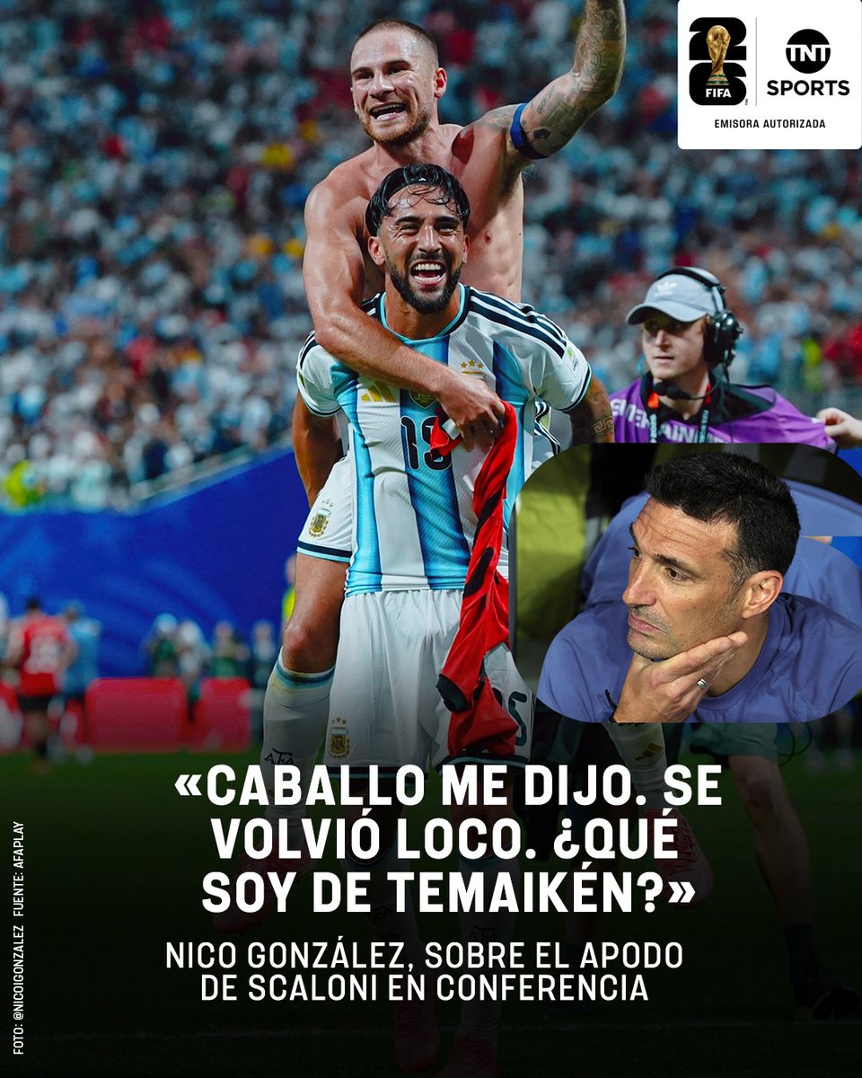 TNTSportsAR's tweet photo. JAJA LA REACCIÓN DE NICO GONZÁLEZ AL APODO QUE LE PUSO EL DT 😂 

En conferencia de prensa, Lionel Scaloni hizo referencia a Nicolás González como 'CABALLO' y el delantero respondió de manera muy cómica.

🗣️ "Se volvió loco. Escuché que dijo: 'Tenemos a Lautaro, al caballo...' ¿Qué soy de Temaikén boludo?", dijo Nico entre risas.

#TNTSportsMundial
