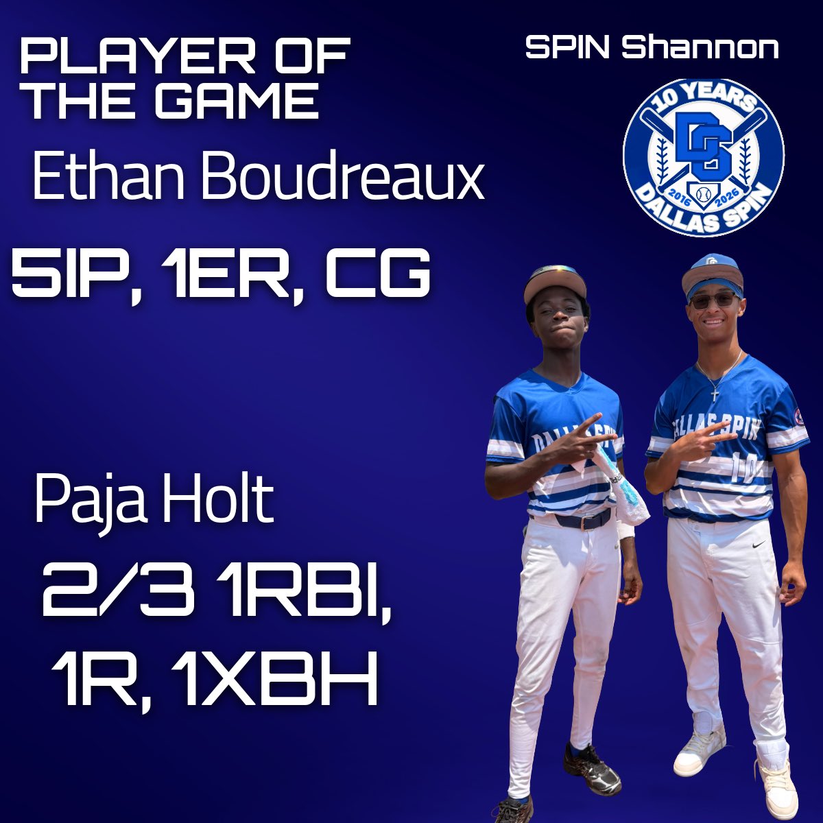 dspinbaseball's tweet photo. Player of the game for Shannon 18u Ethan Boudreaux goes 5 innings, 1 ER and a CG. 
On offense Paja Holt went 2/3 with 1 RBI, 1R, 1 XBH https://t.co/OOYmuvm5ob