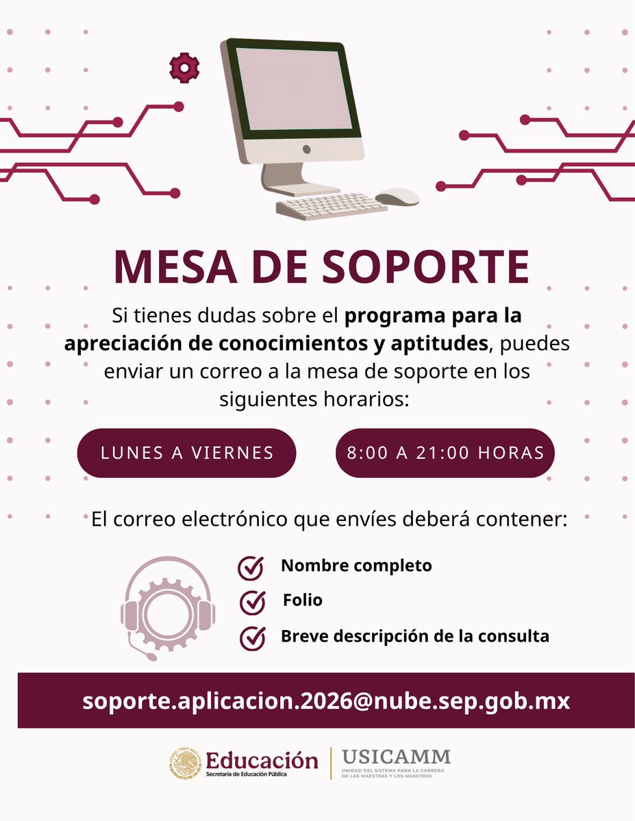 USICAMM_OFICIAL's tweet photo. 📣A través de la mesa de soporte podrás consultar tus dudas.⚙️📧

Este medio funcionará durante el periodo en el que corresponda realizar la descarga, autenticación, el uso del simulador y la apreciación de conocimientos y aptitudes. 👩‍💻🧑‍💻

👁️🚨 Ojo es indispensable realizar la autenticación y el uso del simulador.