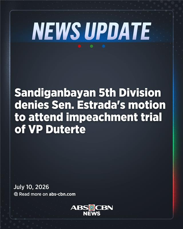 ABSCBNNews's tweet photo. UPDATE: The Sandiganbayan Fifth Division denies Sen. Jinggoy Estrada’s bid to attend the impeachment trial of Vice President Sara Duterte due to a lack of merit.  

This court handles Estrada’s plunder case involving the alleged flood-control kickback scheme. | via @KaxandraSalonga #VPOnTrial