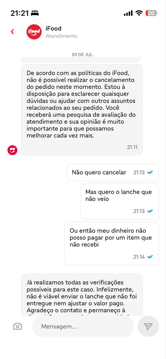 MarlonQmc's tweet photo. Ai como já fecharam as 21:04 simplesmente nada pode ser feito, paguei pelo lanche que não recebi, e ainda por cima recebo a mensagem que nada pode ser feito? https://t.co/c3KpGuqJsJ
