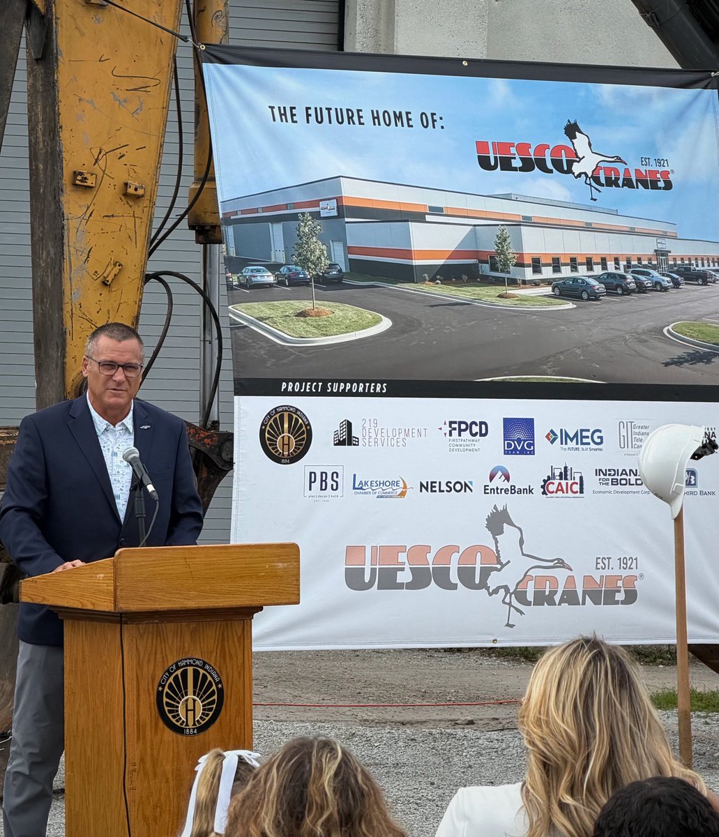 gomcdermott's tweet photo. Proud to help bring more great-paying manufacturing jobs to our great city and state. Today we held a groundbreaking ceremony for crane manufacturer Uesco Industries who is moving to Indiana from Illinois with the construction of a $25M facility here in Hammond. Welcome, Uesco! https://t.co/ZlinsfBlUo