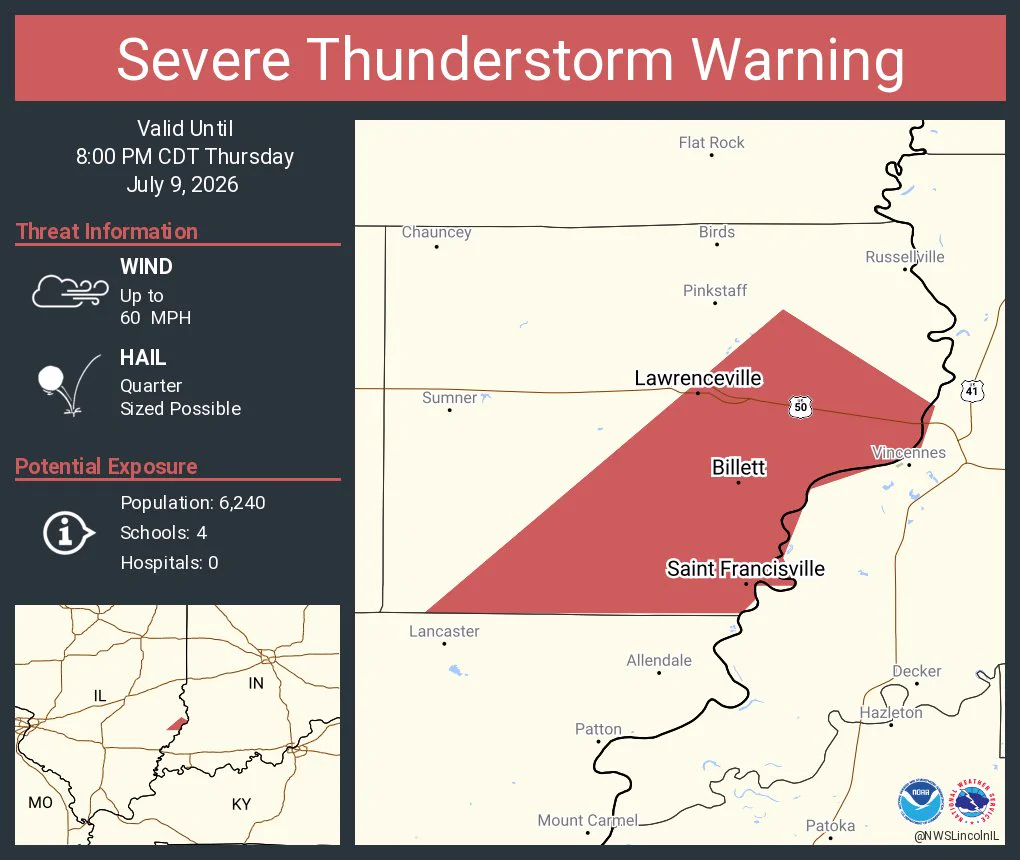 This graphic displays a severe thunderstorm warning plotted on a map. The warning is in effect until 8:00 PM CDT. The warning includes Lawrenceville IL, Saint Francisville IL and Billett IL.  This warning is for Eastern Richland County Is Cancelled. The threats associated with this warning are wind gusts up to 60 MPH and quarter sized hail. There are 6,240 people in the warning along with 4 schools and 0 hospitals.